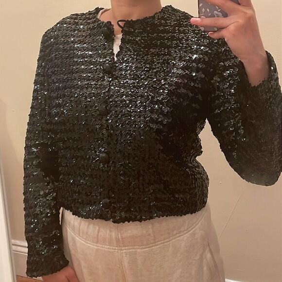 Vintage black sequin cropped long sleeve blazer jacket button down size 6 NWT - Picture 4 of 15